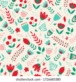 Floral seamless pattern. Scandinavian style.Doodle illustrations with stylized decorative floral elements.Cute hand drawn flat plants background.Fabric design with flat colors, for wrapping paper.