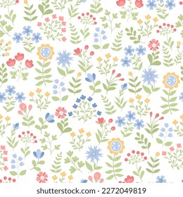 Floral seamless pattern. Scattered flowers, plant branches and leaves on white background. Vector illustration in flat style