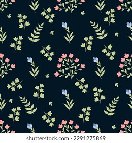 Floral seamless pattern. Scattered flowers and leaves on black background. Vector illustration in flat style