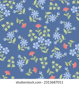 Floral seamless pattern. Scattered flowers, plant, branches and leaves on blue background. Vector illustration in flat style