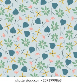 Floral seamless pattern. Schefflera leaves and scandi flowers. Foliage surface design featuring allover print scandi flowers artwork. Wild blossom on geyser color background. 