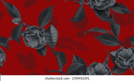 Floral seamless pattern, Semi-double Camellia flowers with various leaves in black on red