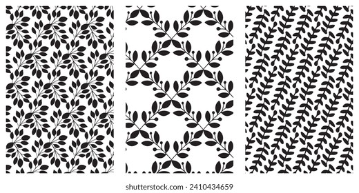  Conjunto de patrones florales sin fisuras. Ramas negras de doodle y bayas sobre fondo blanco. Ilustración vectorial.