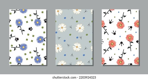 Conjunto de patrones florales sin fisuras. Flores azules, rosas y blancas y huellas de pata animal sobre fondo blanco y gris. Ilustración vectorial.