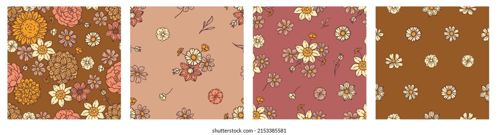 Floral seamless pattern set. Boho style. Flower background for fabric, wallpaper, wrapping paper, scrapbooking layout