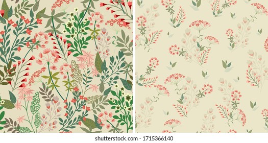  Floral seamless pattern, set. Botanical elements of plants are located on a light background. Vector for textile, wallpaper, tile