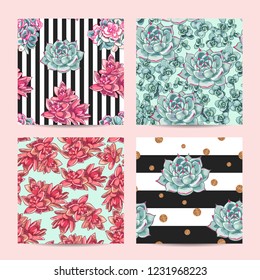 Floral seamless pattern set. Collection of botanical illustrations. Succulents decoration design.