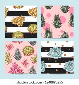 Floral seamless pattern set. Collection of botanical illustrations. Succulents decoration design.