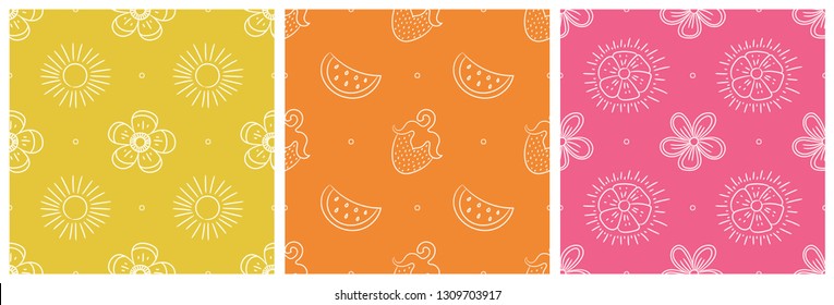 Floral seamless pattern set. Color vector background. Sun, flower, watermelon, strawberry. Summer and spring print