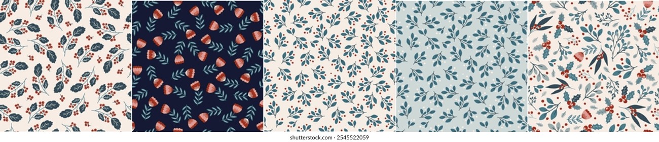 Floral seamless pattern set design, hand drawn set of digital paper, wallpaper, reapeating vector background with elegant cute flowers and floral branches. 