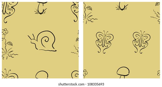 Floral seamless pattern set with flower, mushroom, butterfly and snail. Eps 10 vector