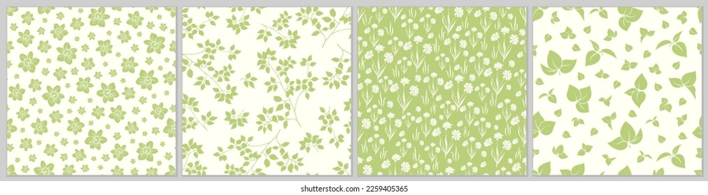 Floral seamless pattern set with flowers, tree branches and leaves of pastel light green on white or pale yellow background. Hand drawn vector print. Delicate spring illustration for natural design.