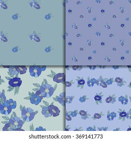 Floral Seamless Pattern Set. Hand Drawn Flowers on Blue Background. Wrapping or Digital Paper. Good for textile design.