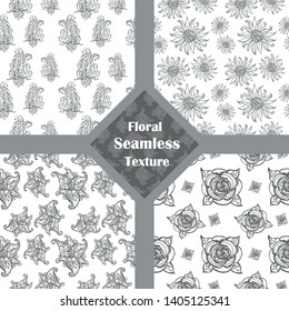floral seamless pattern set. hand-drawn black and white vector illustration