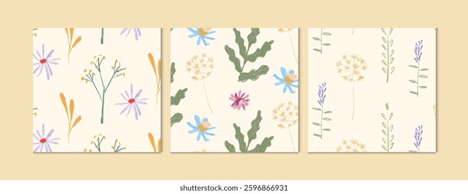 Floral seamless pattern set with hand-drawn wildflowers, herbs, and leaves. Elegant botanical backgrounds in earthy tones for fabric, wallpaper, wrapping paper, and creative designs. Vector