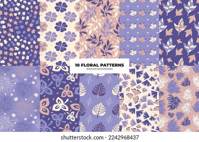 Floral seamless pattern set. Leaves and flowers in purple and lilac tones. Repeating vector backgrounds for paper, cover, fabric, interior decor and textile users. Vector illustration. 