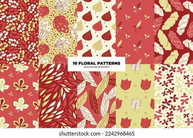 Floral seamless pattern set. Leaves and flowers in red and yellow tones. Repeating vector backgrounds for paper, cover, fabric, interior decor and textile users. Vector illustration. 