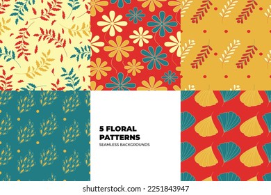 Floral seamless pattern set. Leaves and flowers in red and yellow tones. Repeating vector backgrounds for paper, cover, fabric, interior decor and textile users. Vector illustration. 