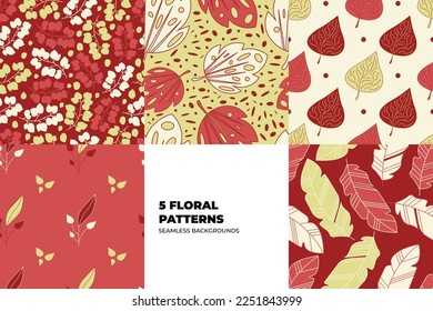 Floral seamless pattern set. Leaves and flowers in red and yellow tones. Repeating vector backgrounds for paper, cover, fabric, interior decor and textile users. Vector illustration. 