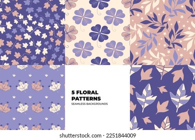 Floral seamless pattern set. Leaves and flowers in purple and lilac tones. Repeating vector backgrounds for paper, cover, fabric, interior decor and textile users. Vector illustration. 
