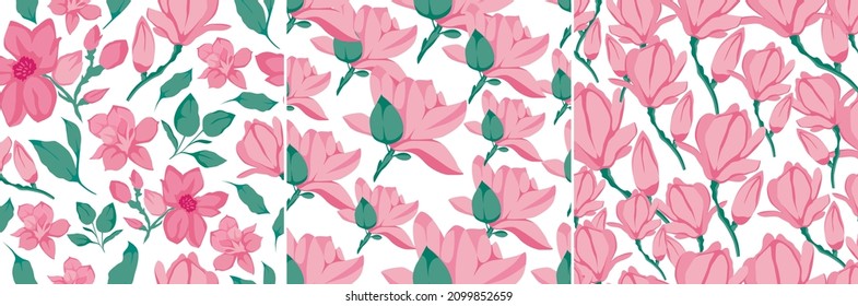 Floral seamless pattern set with magnolia flowers, leaves and petals on white background. Spring flowers for fabric, prints, greeting cards.