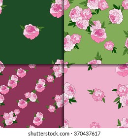 Floral Seamless Pattern set. Ornaments of  Peonies on Pink  and  Green Background.
