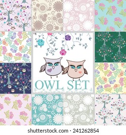 floral seamless pattern set with owl and butterfly 