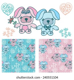 floral seamless pattern set with rabbits