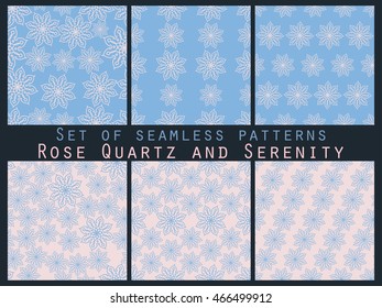 Floral seamless pattern set. Rose quartz and serenity violet colors. For wallpaper, bed linen, tiles, fabrics, backgrounds. Vector illustration.