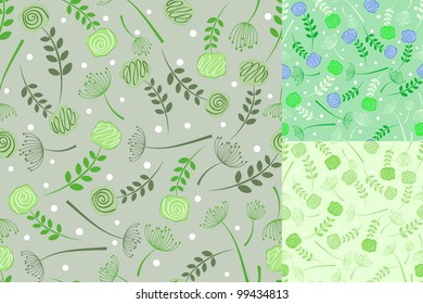 floral seamless pattern set with roses and weeds on green background