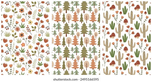 Floral seamless pattern set in Scandinavian style. Flowers, plants, cactus, mushrooms, trees and grass on white. Hand drawn design for print, paper, design, fabric, gift wrap, decoration, background. 
