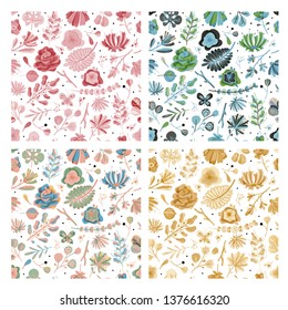 Floral seamless pattern set. Floral spring summer garden colorful flowers botanical flower vintage texture wallpaper, flat vector fabric background set