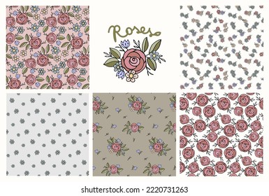 Floral seamless pattern set for textile. Cute rose and daisy flower 