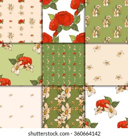 Floral Seamless Pattern Set. Textile or Print Design. Ornament of Red Peonies on Green, White and Beige Backgrounds. 
