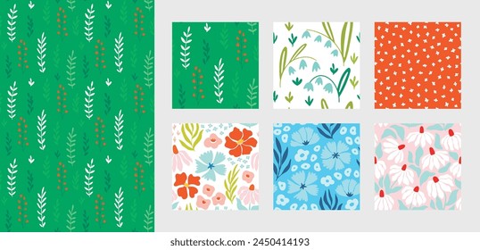 Conjunto de patrones sin costuras florales, papeles digitales gráficos de moda con Elementos botánicos, flores, hojas para su diseño. Colección dibujada a mano Ilustración vectorial.
