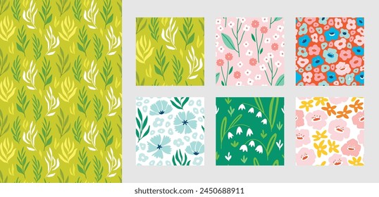 Conjunto de patrones sin costuras florales, papeles digitales gráficos de moda con Elementos botánicos, flores, hojas para su diseño. Colección dibujada a mano Ilustración vectorial.