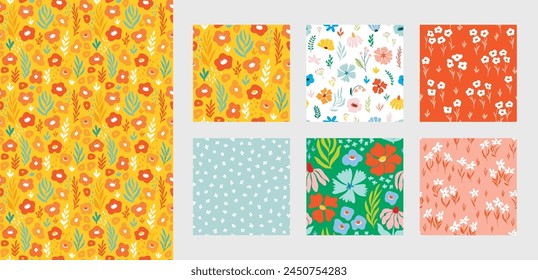 Conjunto de patrones sin costuras florales, papeles digitales gráficos de moda con Elementos botánicos, flores, hojas para su diseño. Colección dibujada a mano Ilustración vectorial.