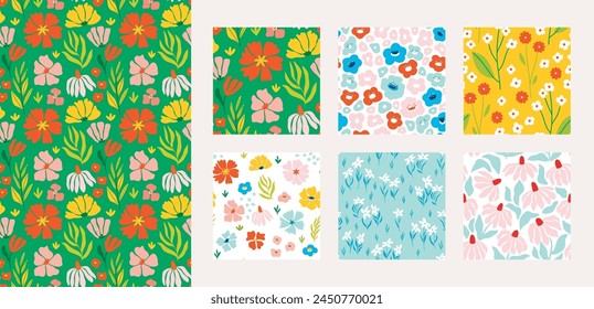 Floral seamless pattern set, trendy graphic digital papers with botanical elements, flowers, leaves for your design. Hand drawn collection. Vector illustration.