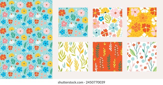 Floral seamless pattern set, trendy graphic digital papers with botanical elements, flowers, leaves for your design. Hand drawn collection. Vector illustration.