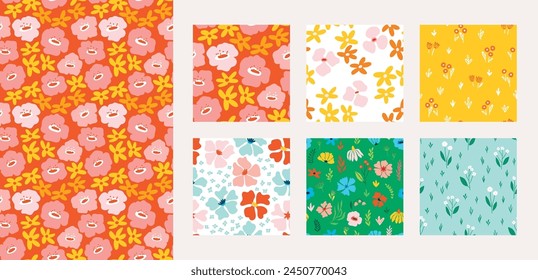 Floral seamless pattern set, trendy graphic digital papers with botanical elements, flowers, leaves for your design. Hand drawn collection. Vector illustration.