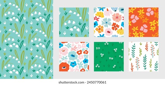 Floral seamless pattern set, trendy graphic digital papers with botanical elements, flowers, leaves for your design. Hand drawn collection. Vector illustration.