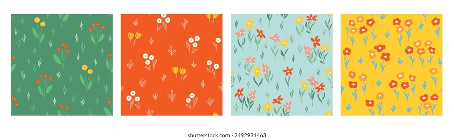 Floral seamless pattern set, trendy graphic digital papers with botanical elements, flowers, leaves for your design. Hand drawn collection. Vector illustration.