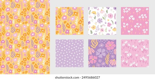 Floral seamless pattern set, trendy graphic digital papers with botanical elements, flowers, leaves for your design. Hand drawn collection. Vector illustration.
