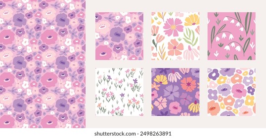 Floral seamless pattern set, trendy graphic digital papers with botanical elements, flowers, leaves for your design. Hand drawn collection. Vector illustration.
