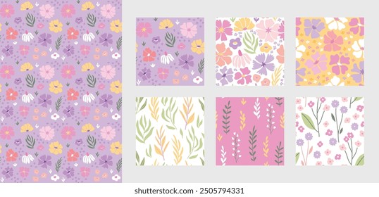 Floral seamless pattern set, trendy graphic digital papers with botanical elements, flowers, leaves for your design. Hand drawn collection. Vector illustration.