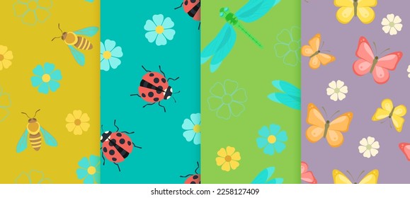 Floral seamless pattern set. Vector kids spring or summer backgrounds. Cartoon insects and flower illustration.