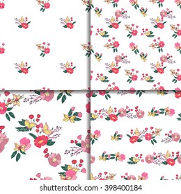 Floral Seamless Pattern Set With Wildflowers and Butterfly. Hand Drawn Illustration. 