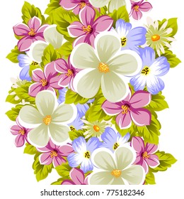 Floral seamless pattern of several flowers and leaves. For design of cards, invitations, posters, banners, greeting for birthday, Valentine's day, wedding, party. Vector illustration.