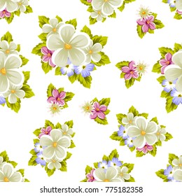 Floral seamless pattern of several flowers and leaves. For design of cards, invitations, posters, banners, greeting for birthday, Valentine's day, wedding, party. Vector illustration.