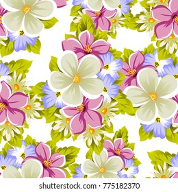 Floral seamless pattern of several flowers and leaves. For design of cards, invitations, posters, banners, greeting for birthday, Valentine's day, wedding, party. Vector illustration.
